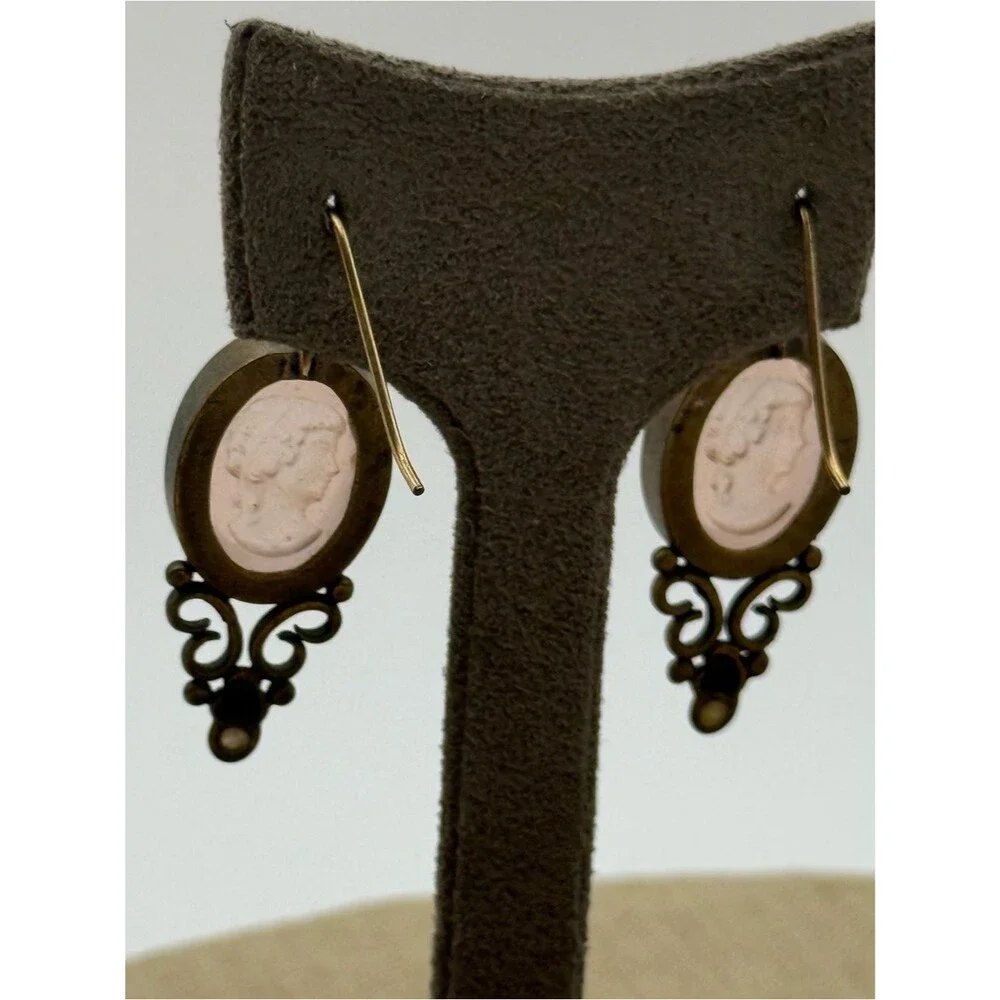 Vintage Cameo Drop Earrings - Pink Cameo with Bronze Filigree